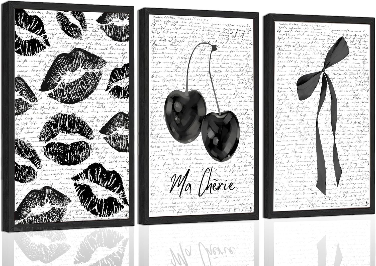 3Pcs Fashion Black White Lips And Cherry Canvas Wall Art Vintage Girl Funky Aesthetic Bow Wall Decor Ma Cherie Dark Coquette Posters Prints for Neutral Preppy Apartment Girl Room12x16in Unframed (poster, 12x16inx3pcs)