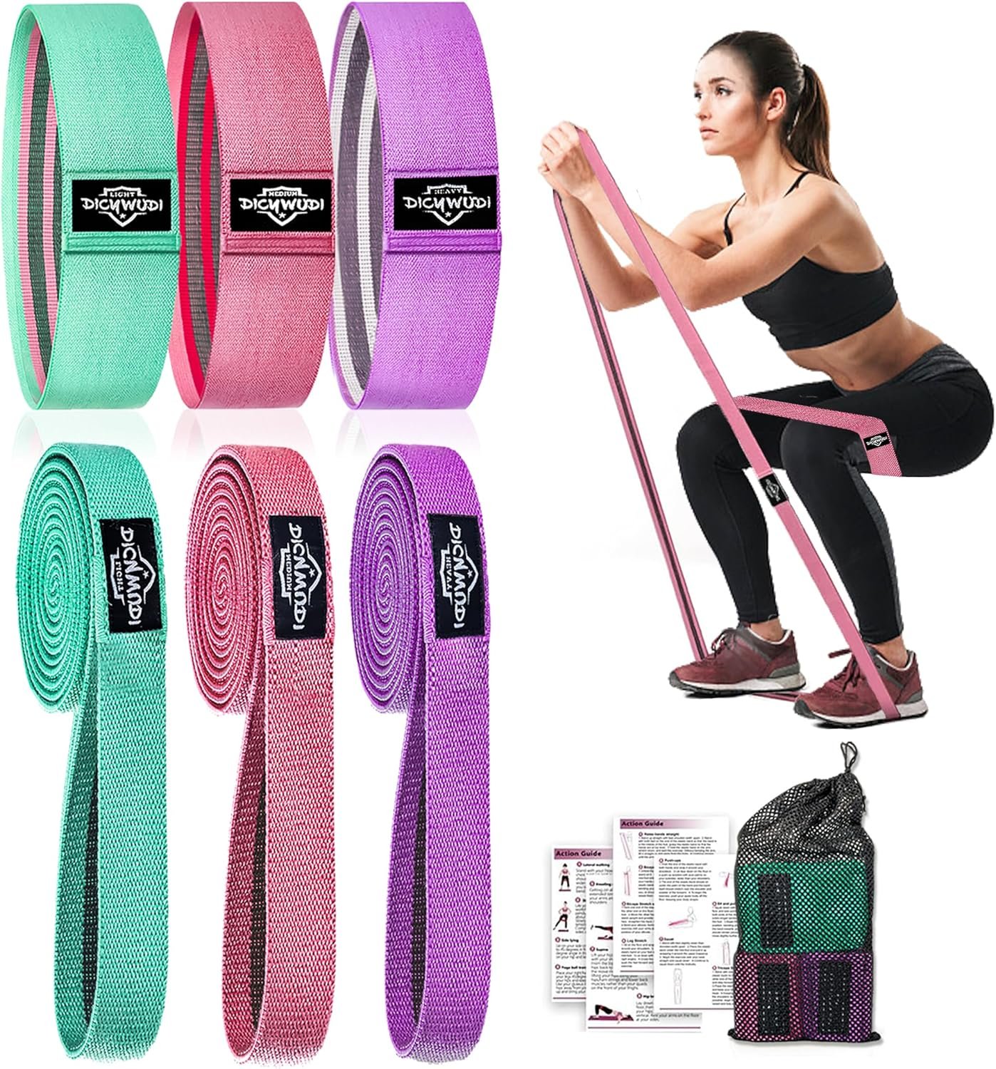 DICYWUDI Fabric Resistance Bands for Working Out, 6Pack Non-Slip Exercise Bands for Women and Men, Fabric Booty Bands for Home, Fitness, Pilates, Stretching