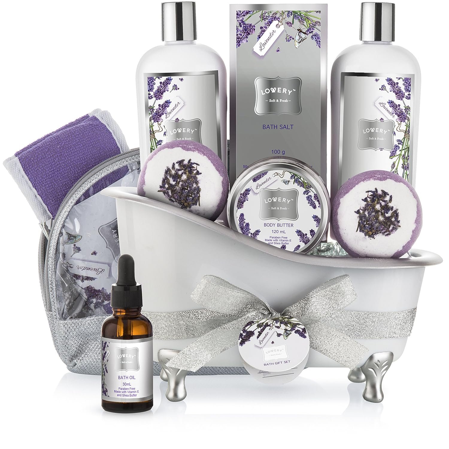 Mothers Day Bath Gift Basket Set for Women: Relaxing at Home Spa Kit Scented – Lavender and Jasmine with Large Bath Bombs, Salts, Shower Gel, Body Butter Lotion, Bath Oil, Bubble Bath, Loofah & More