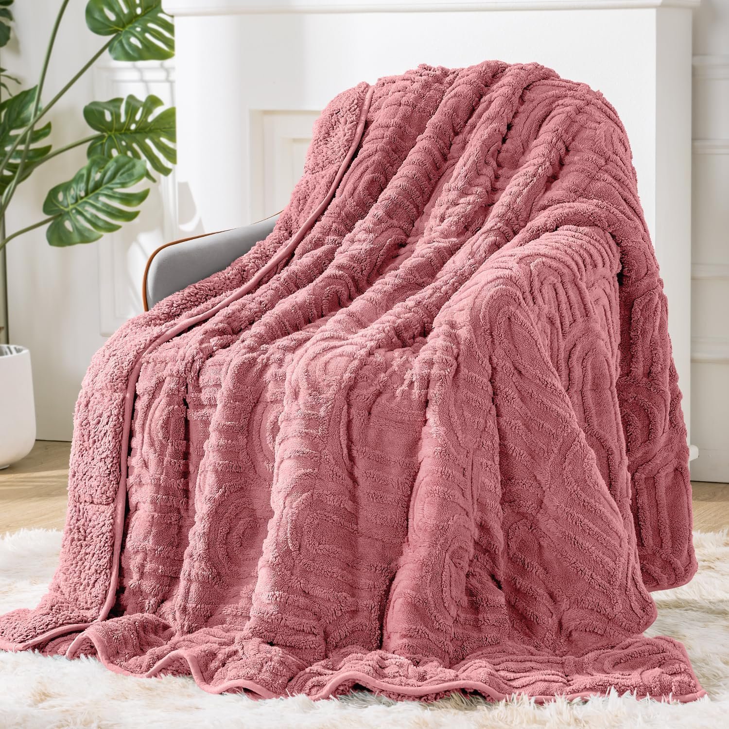 Sherpa Fleece Adult Weighted Blanket Great for Sleep, 15 lbs Dual Sided Soft Fuzzy Heavy Blankets for Couch Bed Sofa, Cozy Warm Arched Jacquard Throw for Winter (Apricot Pink, 60″ x 80″, 15 Pounds)