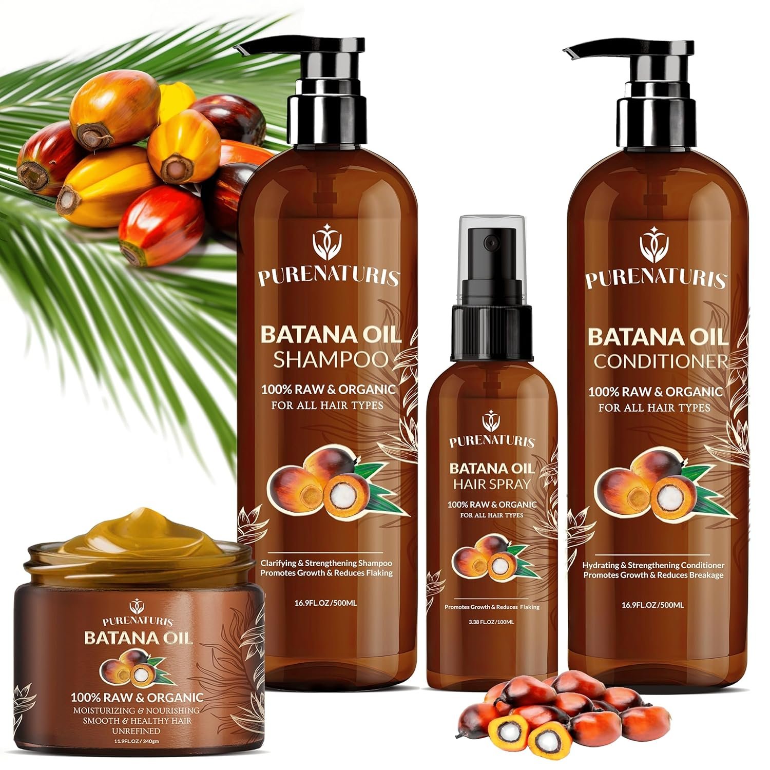 100% Natural Raw Organic Batana Oil Sulfate-Free Complete Hair Growth , Anti-Hair Loss & Repair System Kit – Shampoo, Conditioner, Hair Mask, & Leave-In Spray | Thickness & Prevents Loss for Men Women