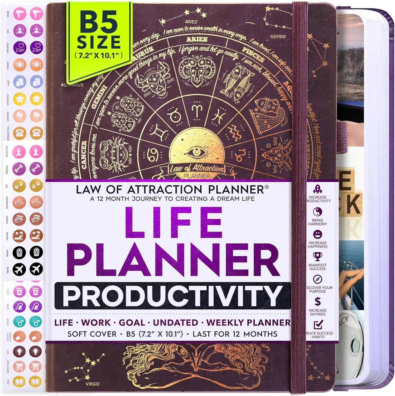 Deluxe Weekly and Monthly Planner | Law of Attraction Planner with Productivity App | 12-Month for Productivity, Gratitude & Goal Setting | Includes Foldable Vision Board, Gift Box & Stickers