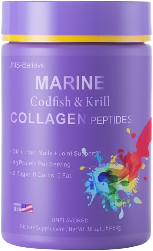 Marine Collagen Powder, Hydrolyzed Cod Fish & Krill Peptides, Premium Marine Collagen Supplement for Women & Men – Supports Hair, Skin, Nails & Joint Health, Gluten-Free, 454g