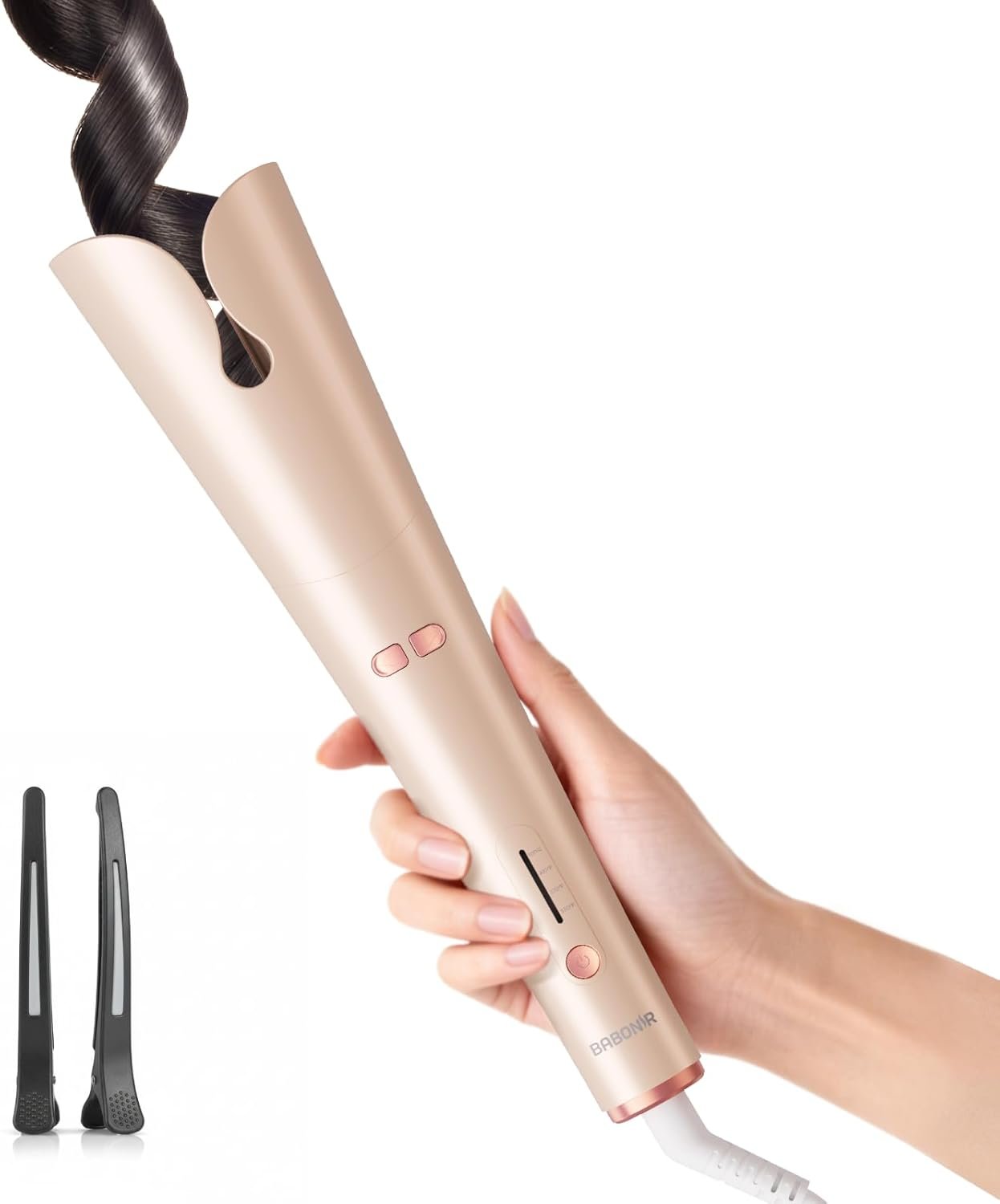 Automatic Curling Iron with 500 Million Ionic, BABONIR 1.25” Ceramic Rotating Curling Wand with 3 Heat & 2-Way Rotation, Anti-Scald Lightweight Hair Curler, Dual Voltage for Travel, Champagne