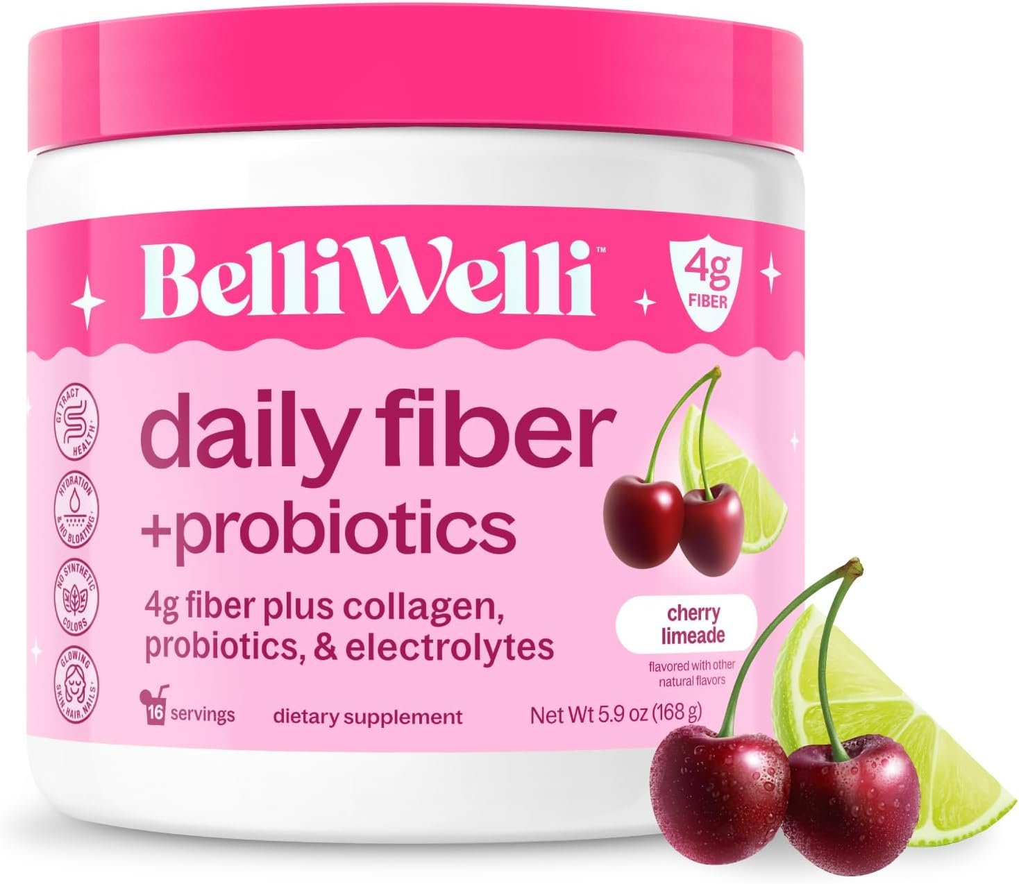 Belli Welli Fiber Supplement for Women&Men, Premium Daily Fiber Powder from Organic Acacia Fiber Added Collagen, Electrolytes&Probiotics, No Bloat, Constipation&Gut Health Support (Cherry Limeade)