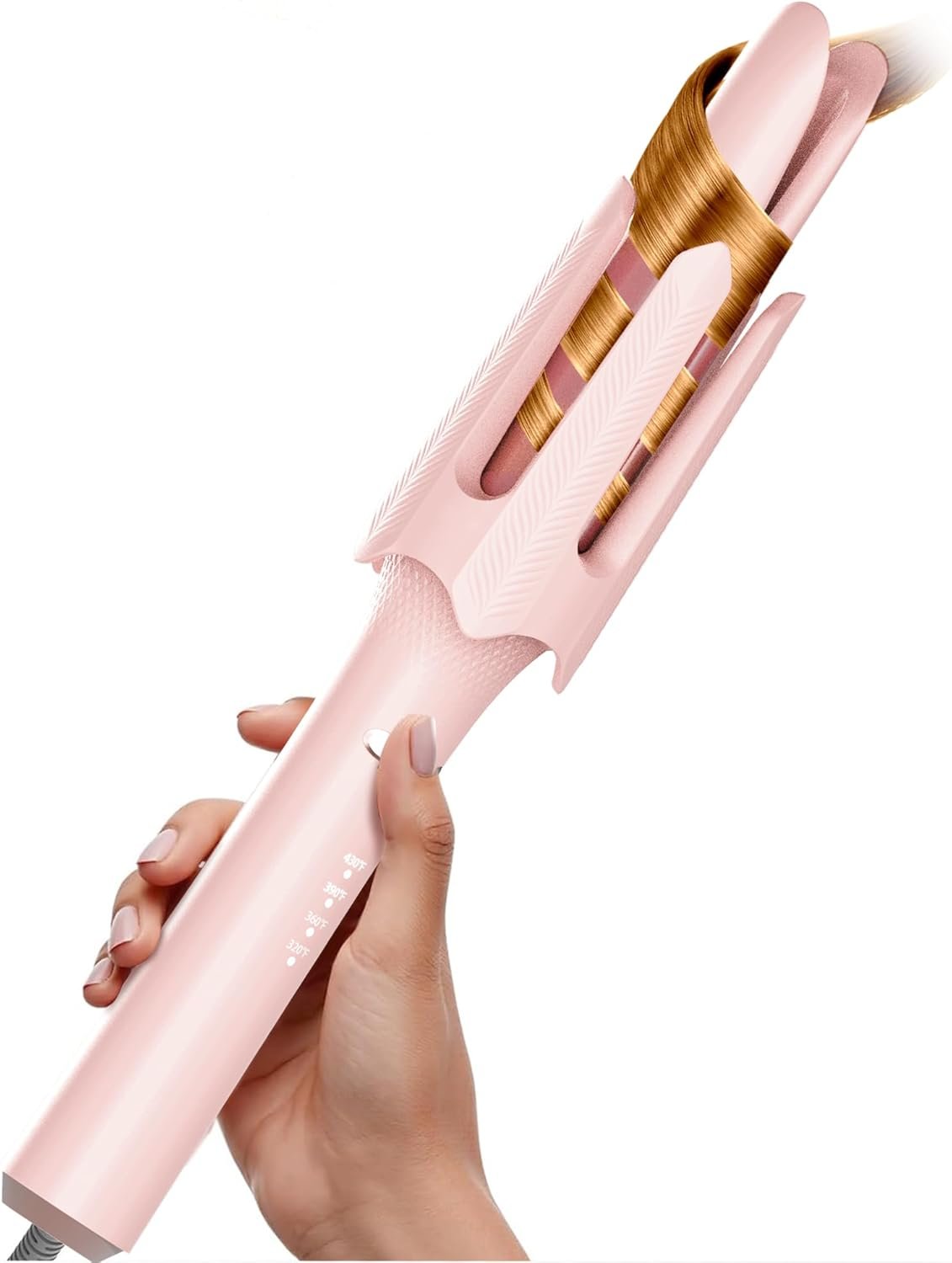 Auto Rotating Hair Curler – 4 Temperature and Timer Settings, Automatic Curling Iron with Automatic Shut-Off, Anti-Tangle and Scalding, Curling Wand for Long Lasting Curls (Pink)
