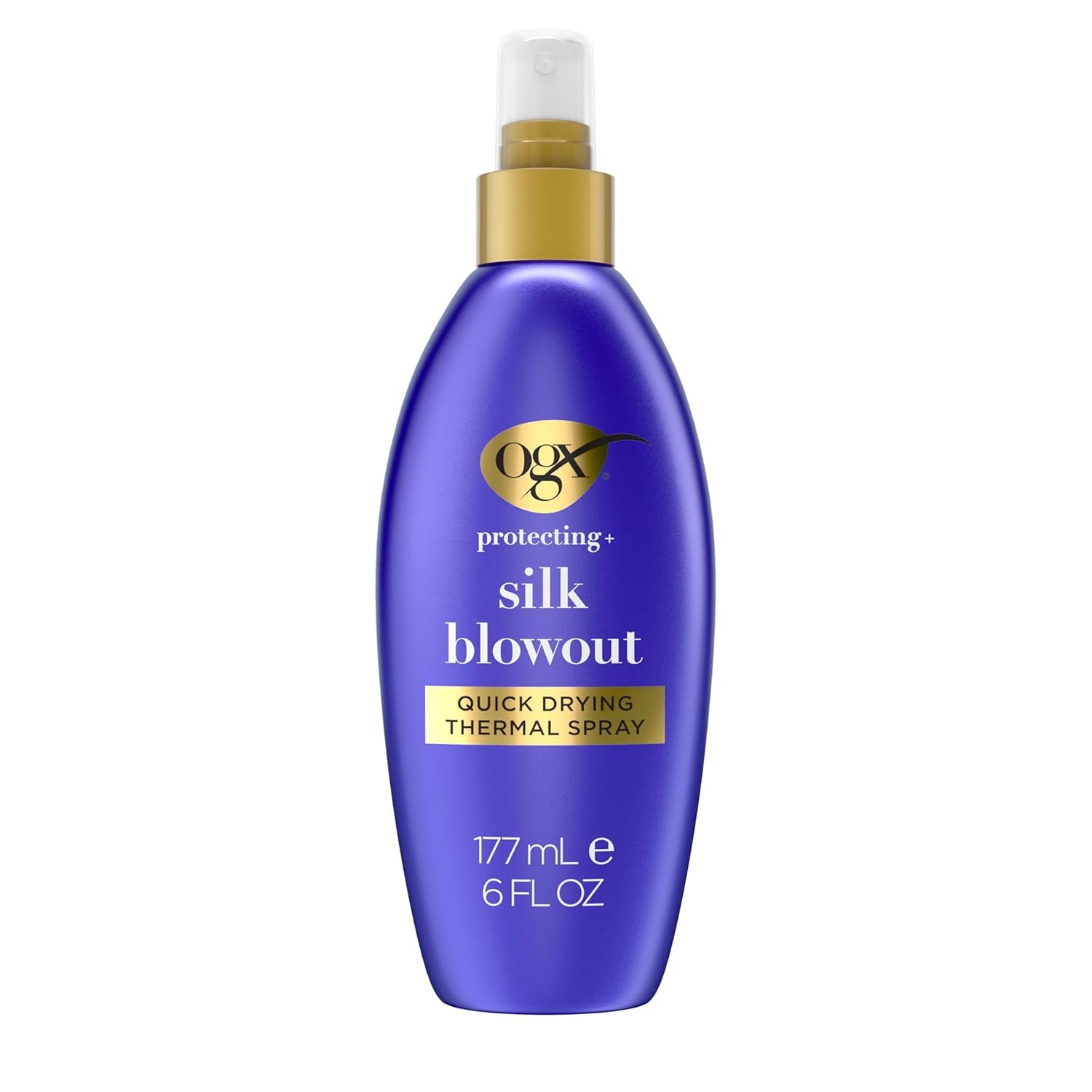 OGX Protecting + Silk Blowout Quick Drying Thermal Protection Spray, Heat Protectant Spray Shields Hair up to 450°F For Soft, Shiny Hair and Big, Beautiful Blowouts, Light Hold, 6 fl. oz