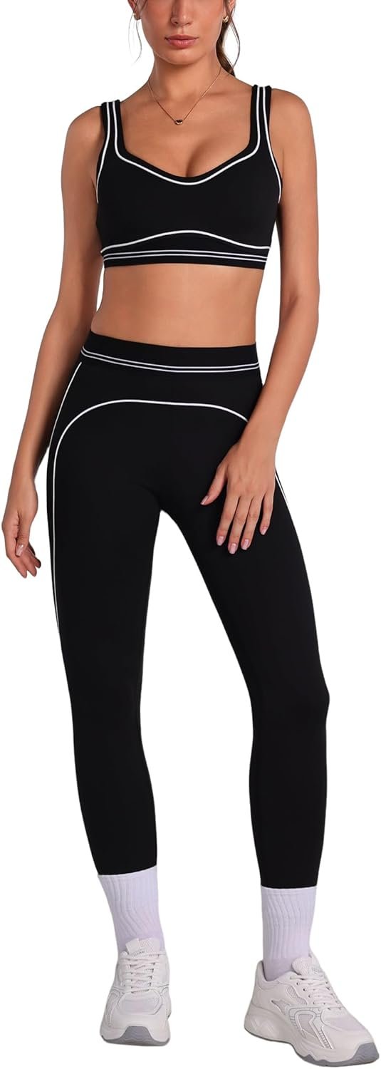 ABOCIW Women 2 Piece Workout Sets Color Block Sports Bra High Waist Tummy Control Leggings Gym Yoga Pilates Outfits
