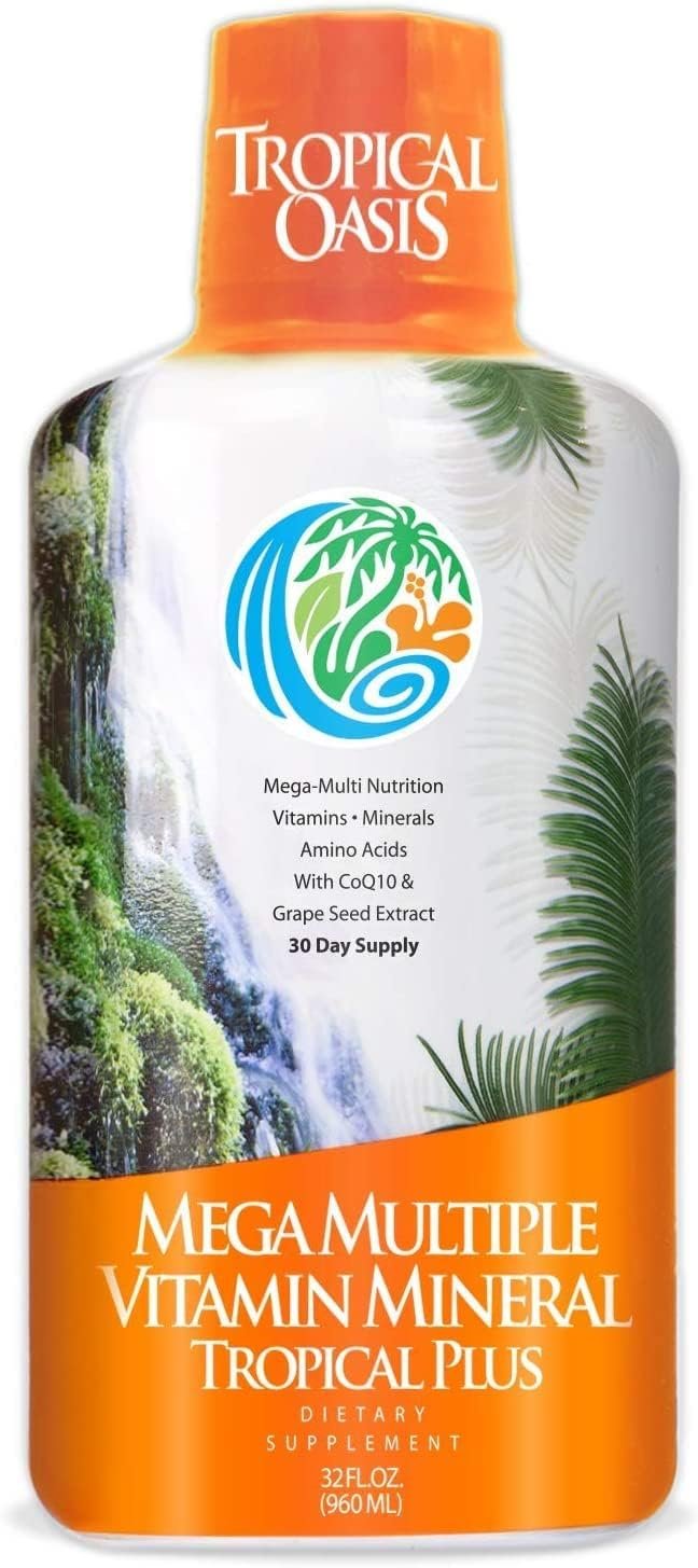 Tropical Oasis Mega Plus – Liquid Multivitamin and Mineral Supplement – Includes 85 Vitamins & Minerals, 20 Amino Acids + CoQ10, Grape Seed Extract & Organic Aloe Vera – 32oz, 32 Servings, 33460