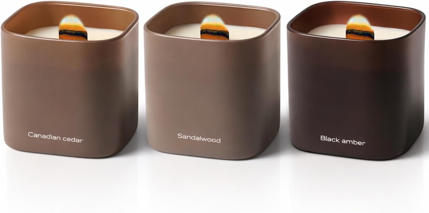 Set of 3 Premium Scented Soy Candles Gift Set | Dusk to Dawn Collection – Canadian Cedar, Black Amber & Sandalwood | Crackling Wood Wick | Luxury Candles for Relaxation, Home Décor, Gifts | 9.8oz Each