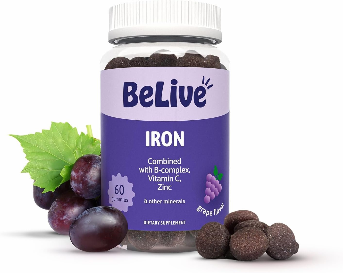 BeLive Iron Gummies – Multivitamin Supplement with Vitamin C, A, B & Zinc, Supports Blood Oxygen, Vegan Iron Supplements for Women, Men & Kids for Growth and Development – Grape Flavor | 1-Pack