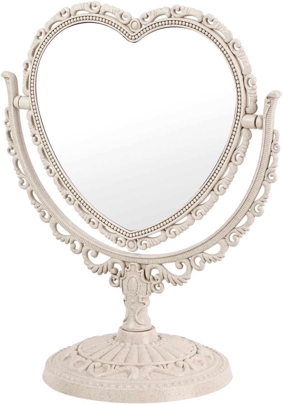 Heart Shaped Cute Vanity Princess Mirror for Desk,Double-Sided Rotatable Table with Stand Downtown Girl Room Coquette Decor (Beige)