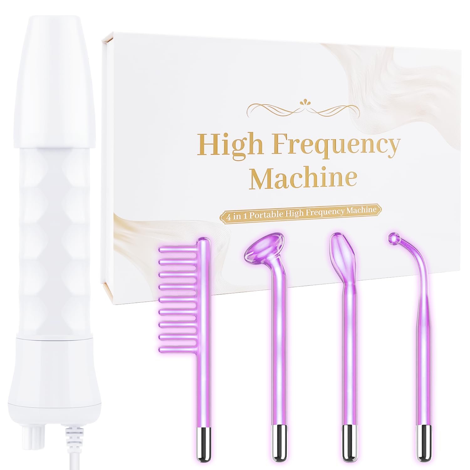 High Frequency Facial Wand – Uaike 4 in 1 Violet Portable Handheld High Frequency Facial Machine – at Home Face Skin Wand Device with 4 Pcs Purple Glass Tubes