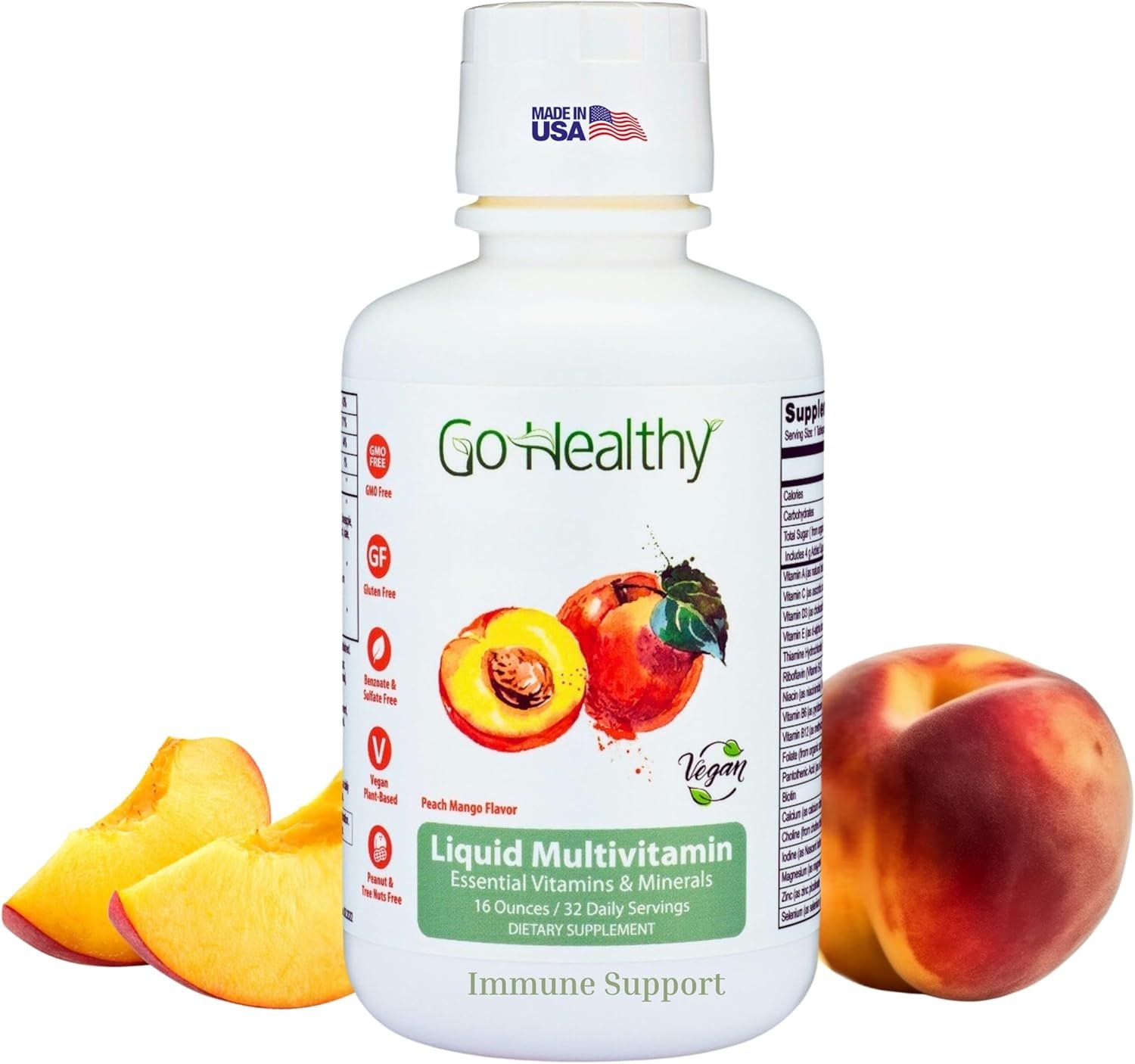 Go Healthy Liquid Multivitamin for Women, Men, Teens | Vegan Vitamin & Mineral Supplement | High Absorption | Premium Liquid Formula | Immune Support | Peach Mango Flavor | 32 Servings