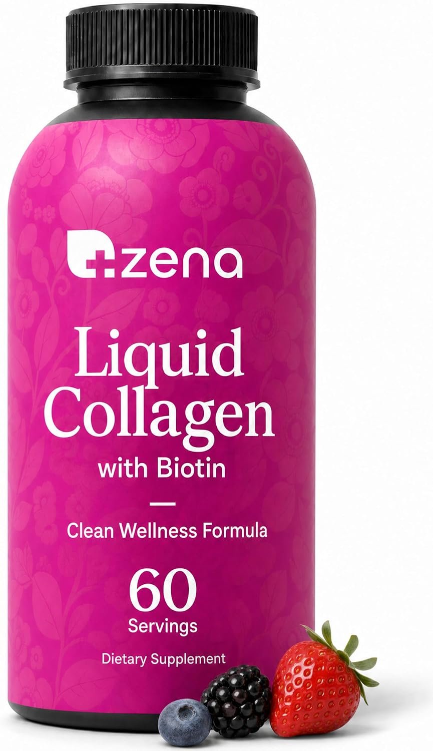 Zena Nutrition Liquid Collagen for Women, with Biotin, Hair, Skin & Nail Supplement [ 60 Servings ] 2500mg Verisol Bioactive Collagen Peptides, 5000mcg Biotin, Mixed Berry, 20 fl oz