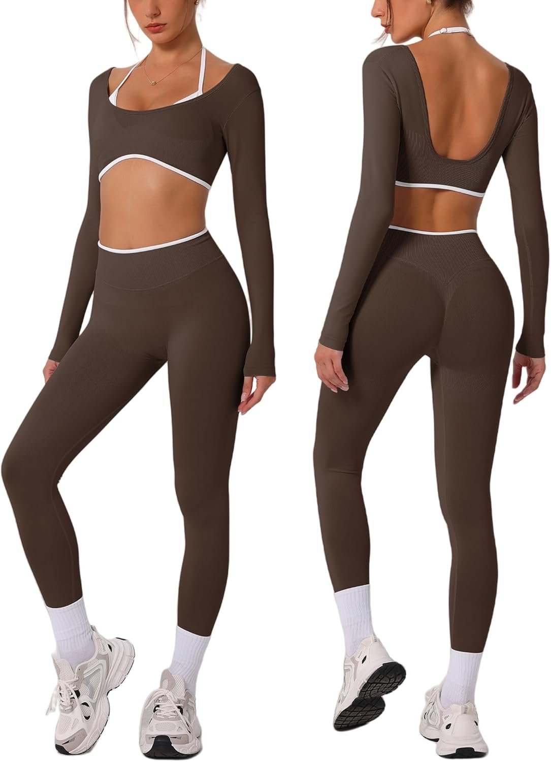 ABOCIW Workout Sets for Women Long Sleeve Crop Top Scrunch Butt Lifting High Waist Leggings 2 Piece Gym Yoga Outfits