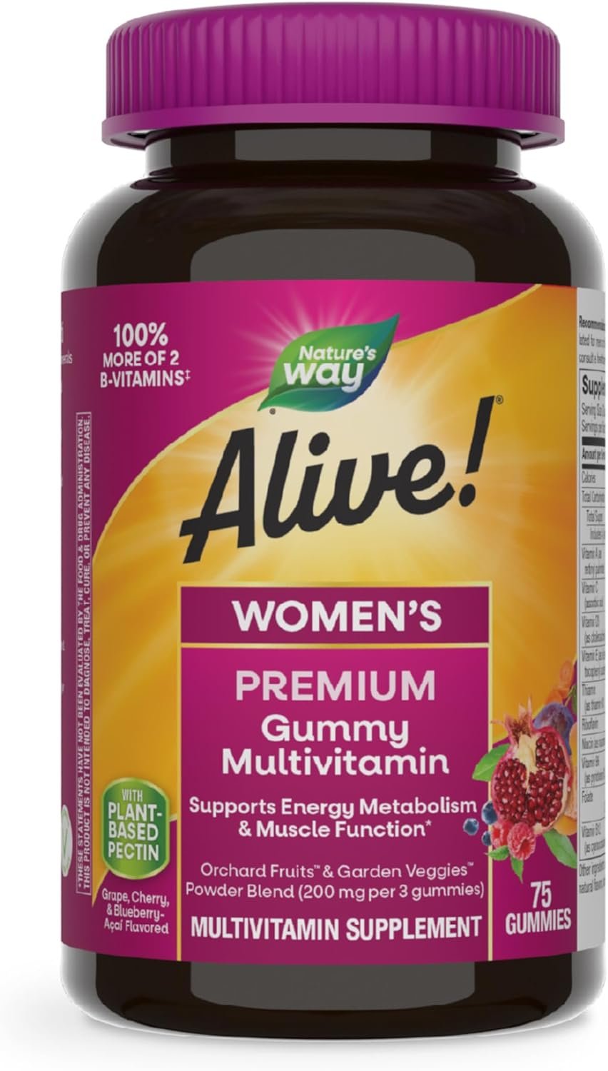 Nature’s Way Alive! Premium Women’s Gummy Multivitamin Supplement, Supports Energy Metabolism*, Muscle Function*, B-Vitamins, Grape, Cherry, & Blueberry-Acai Flavored, 75 Gummies (Packaging May Vary)