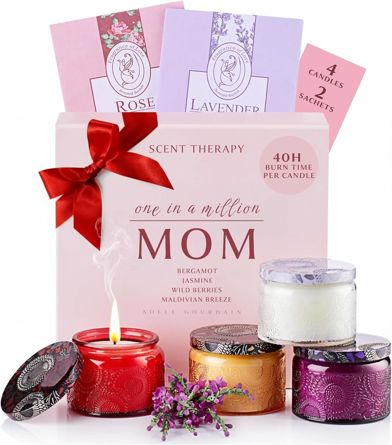 Scented Candle Gift Set for Women – 4 Natural Soy Wax Candles (4.4 oz) & 2 Fragrance Sachets – 160 Hour Total Burn Time – Spa & Relaxation, Aromatherapy Scents Fragrance, Gift Box for Mother’s Days