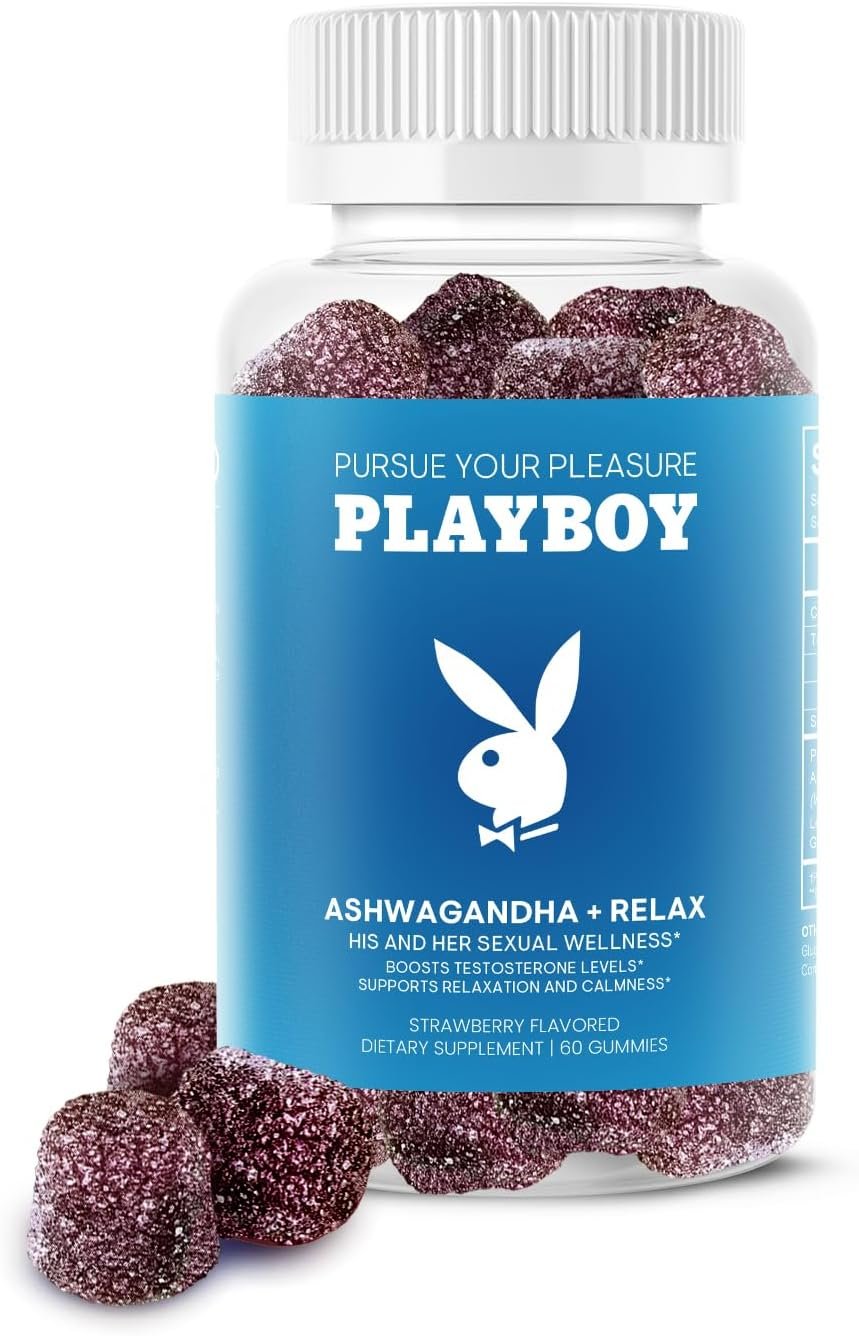 Playboy – Ashwagandha + Relax Gummies (60 Count – Strawberry Flavored) Calmness and Intimacy Wellness for Him and Her – 100% Natural, Vegan Non GMO Ashwagandha Gummies with Lemon Balm & Panax Ginseng