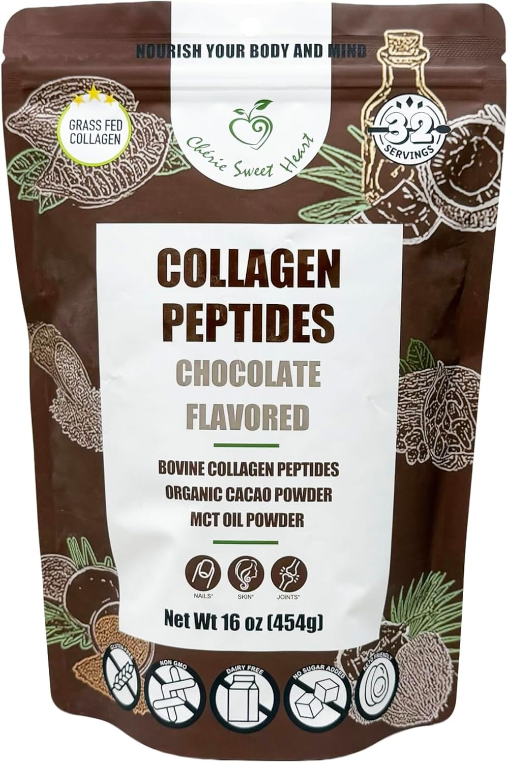 Cherie Sweet Heart’s Collagen Peptide Powder, 1 lb, Pure Hydrolyzed, Gluten Free, Keto and Paleo Friendly, Grass Fed, Non GMO, Chocolate