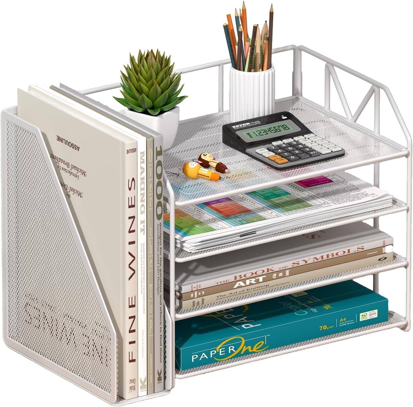 4-Tier Paper File Organizer with Drawer, Metal Desk Organizer, Tiered Paper Tray for Letter/A4 Files, Desktop Office Supplies Storage Rack, White
