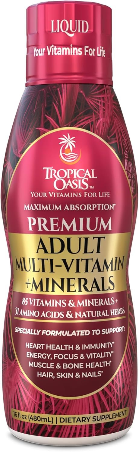 Tropical Oasis Adult Liquid Multivitamin -Liquid Multi-Vitamin and Mineral Supplement with 125 Total Nutrients Including; 85 Vitamins & Minerals, 23 Amino Acids, and 18 Herbs – 16 fl oz, 32 serv