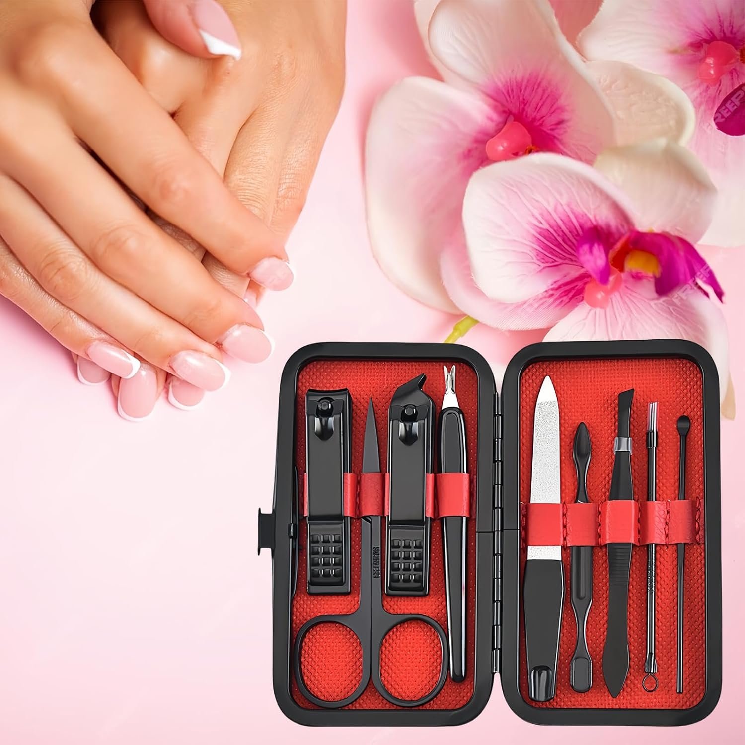 Luxury 9-in-1 Professional Manicure Set – Premium Stainless Steel Nail Clippers & Grooming Kit with Elegant Leather Travel Case for Ultimate Hand, Foot & Facial Care – Red