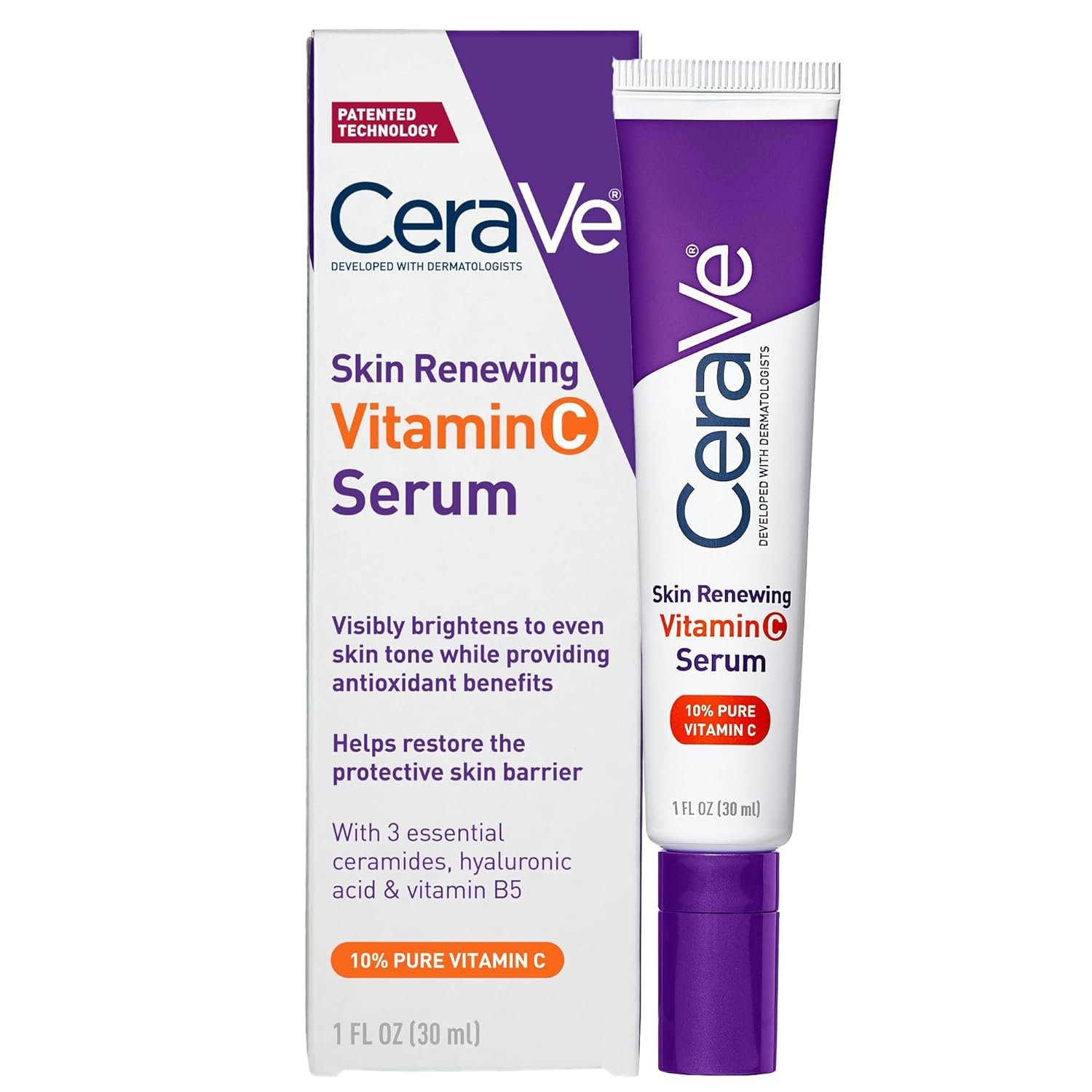CeraVe Vitamin C Serum for Face with 10% Pure Vitamin C, Hyaluronic Acid & 3 Essential Ceramides, Skin Brightening Antioxidant Serum, Hydrates & Improves Skin Tone & Texture, Fragrance-Free, 1oz