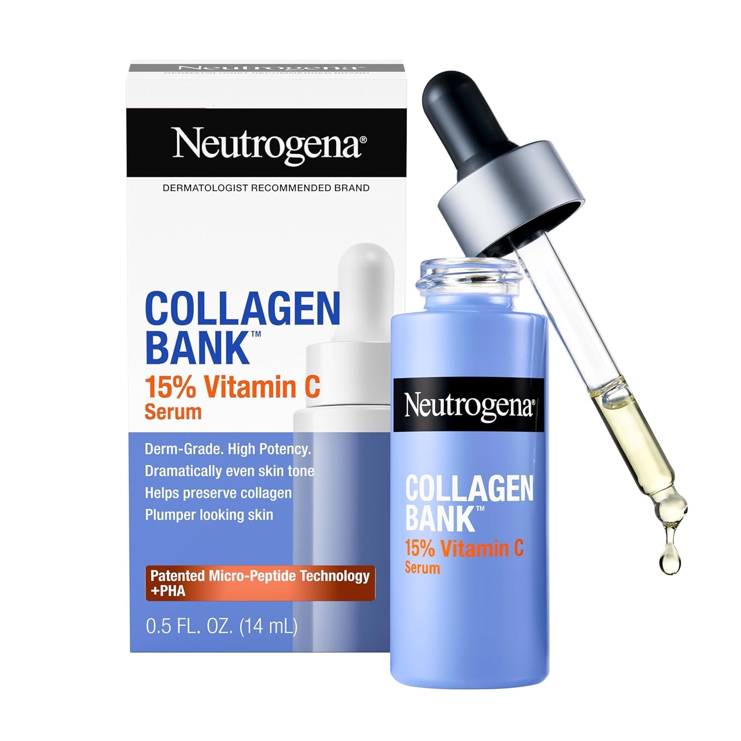 Neutrogena Collagen Bank 15% Vitamin C Serum for Face Fragrance Free Anti-Aging Face and Neck Collagen Essence with Micro-Peptides Improves Uneven Tone Plumps Skin, 0.5 fl oz