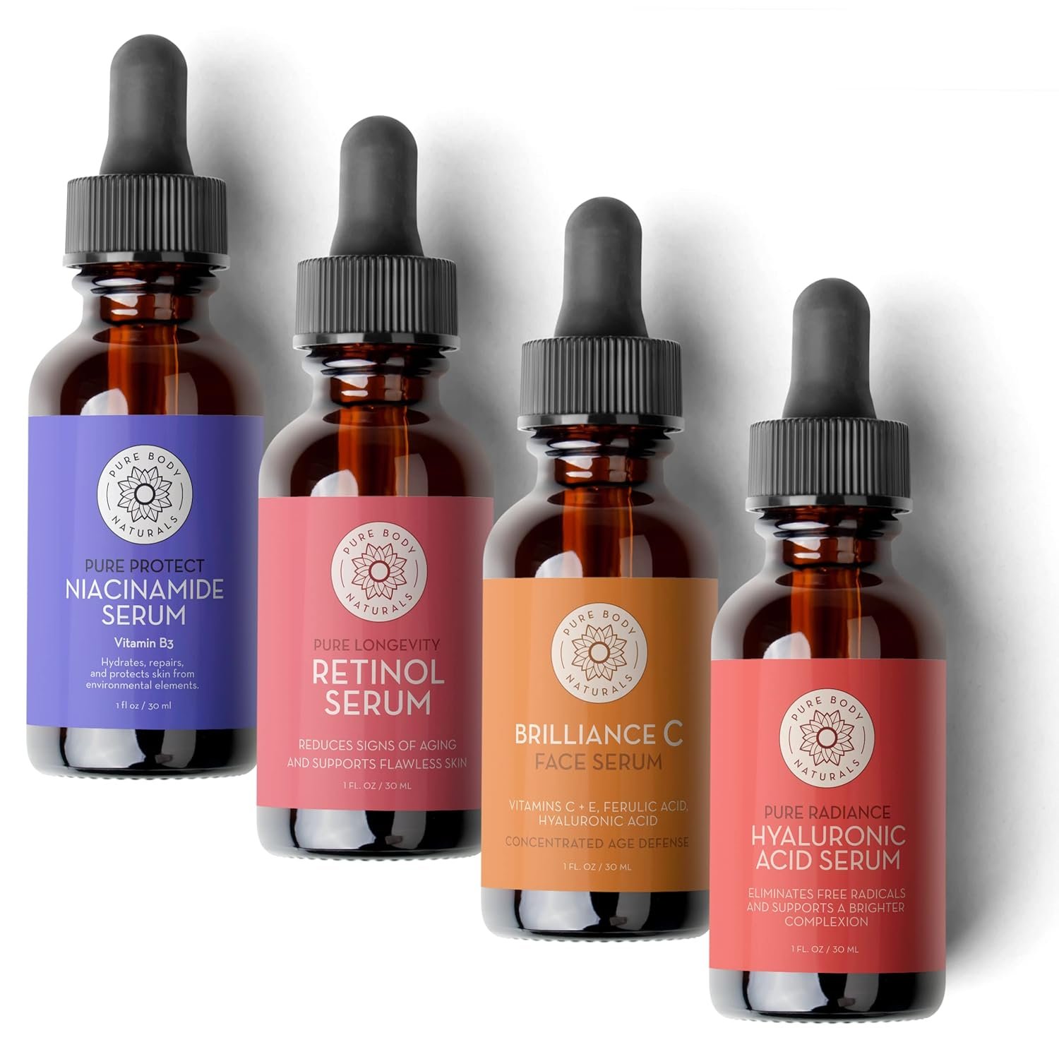 Pure Body Naturals Facial Serum – Hyaluronic Acid Serum, Retinol Serum, Vitamin C Serum, and Vitamin B3 (Niacinamide) Serum – A Perfect Serum Gift Set for Women of All Ages