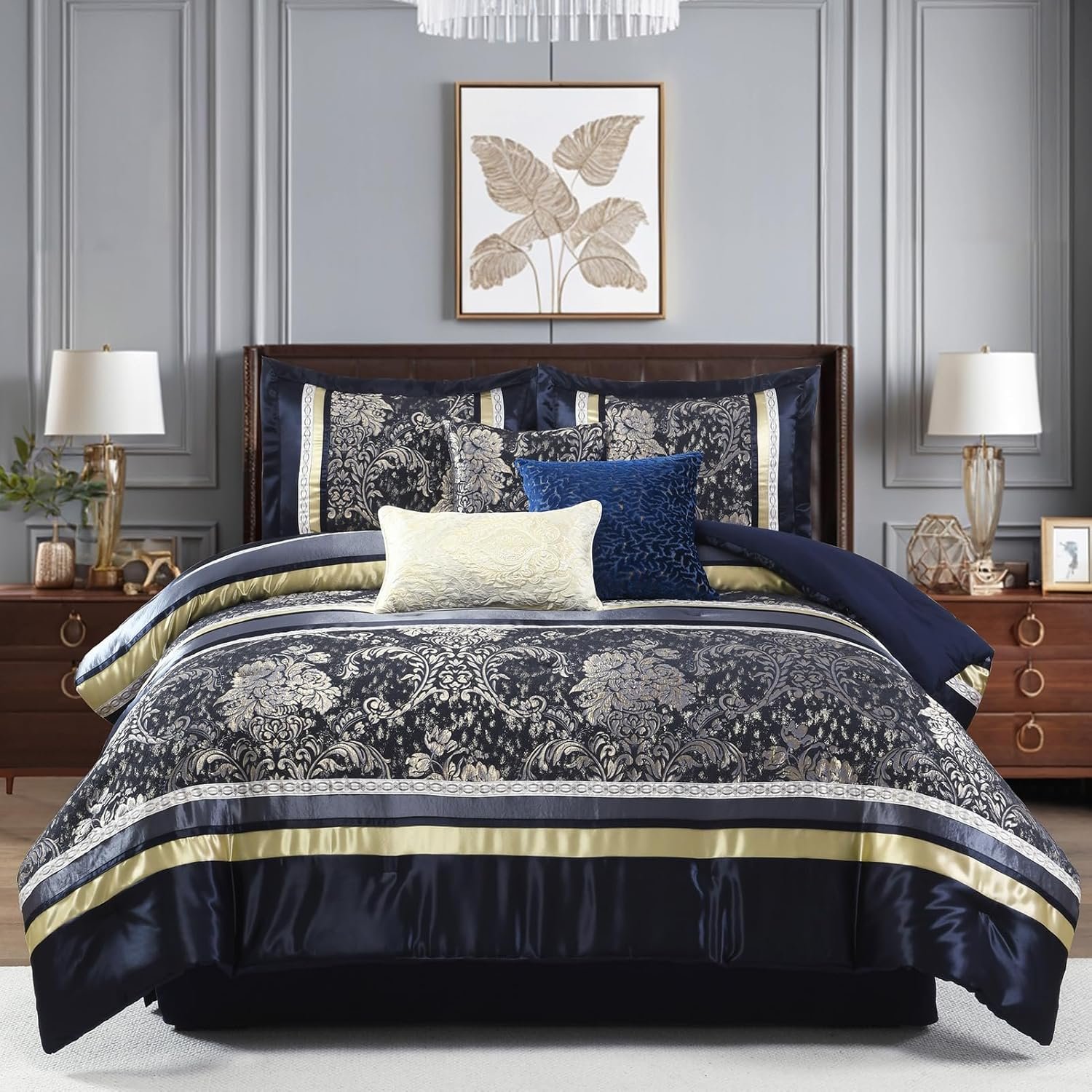 PANGUSHAN 7 Pieces Comforter Set Queen Size, Luxury Silky Elegant Jacquard Fluffy Reversible Bedding Set with Bed Skirt, Shams and Pillows, Bed in a Bag Queen, Down Alternative, Navy/Gold