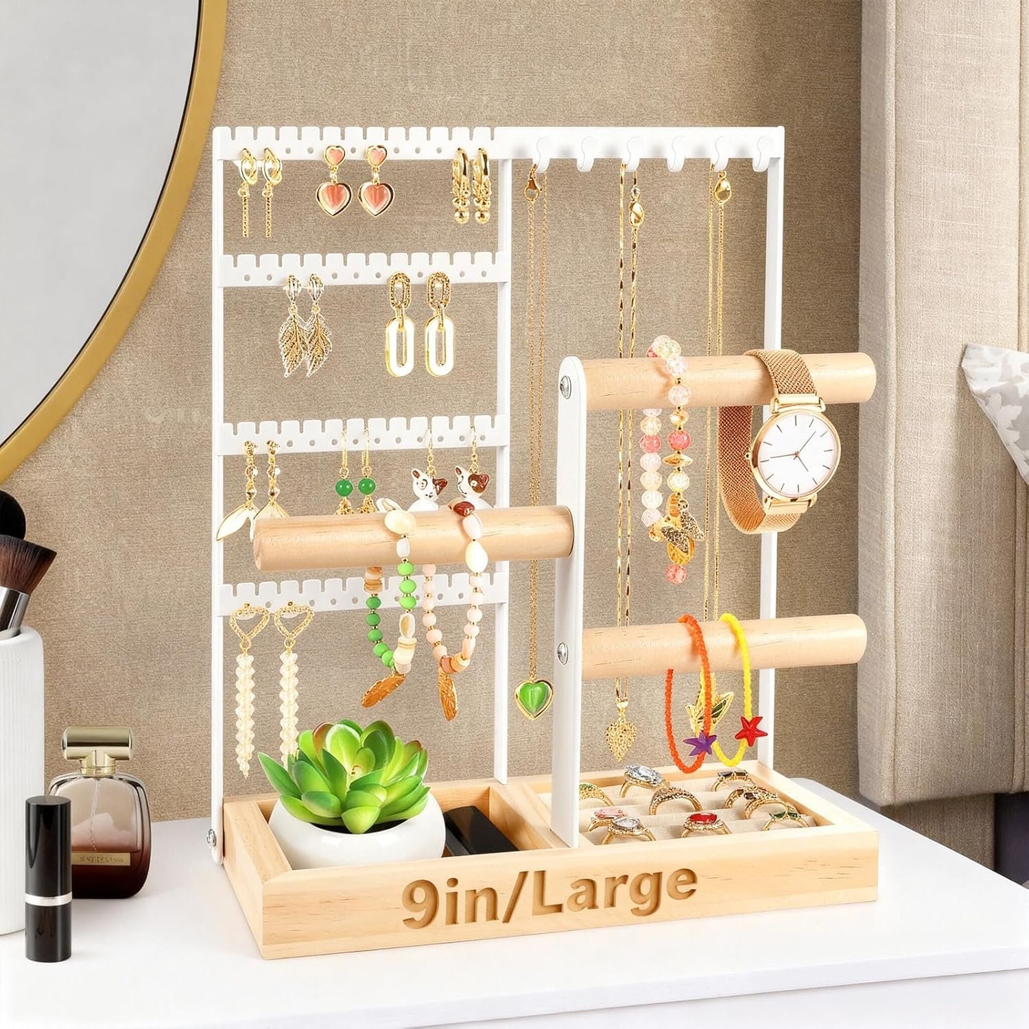 Godboat Jewelry Organizer, 4-Tier Earring Holder Organizer with 48 Holes, 6 Hooks Necklace Rack, Bracelet and Ring Stand with Wood Box, Gifts for Mothers Mom Women, Preppy Stuff & Room Decor, (White)