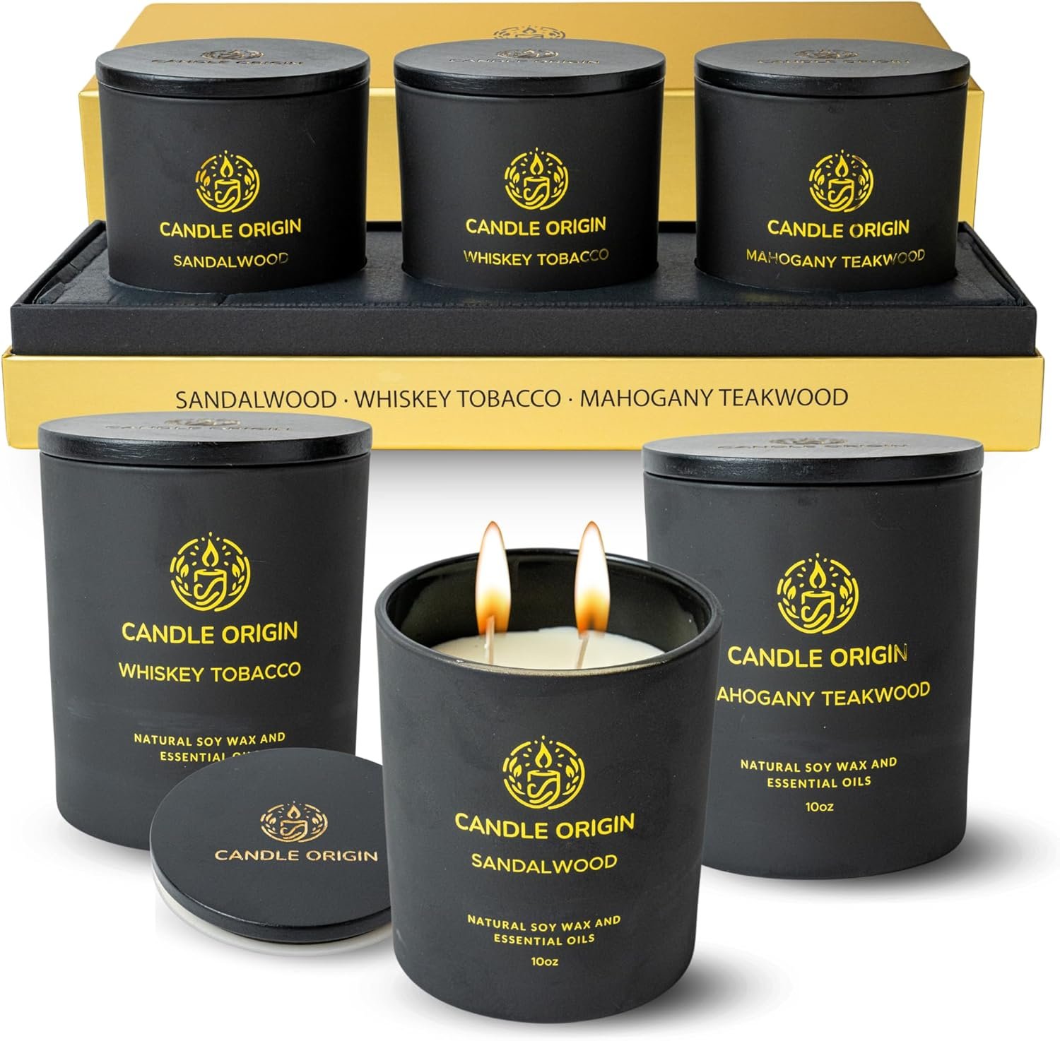 Luxury Candles for Men Gift Set (3×10oz) – Strong Masculine Scents (Mahogany Teakwood, Whiskey Tobacco, Sandalwood) – Long Lasting Soy Candles for Home, Man Cave Decor, Gifts for Him