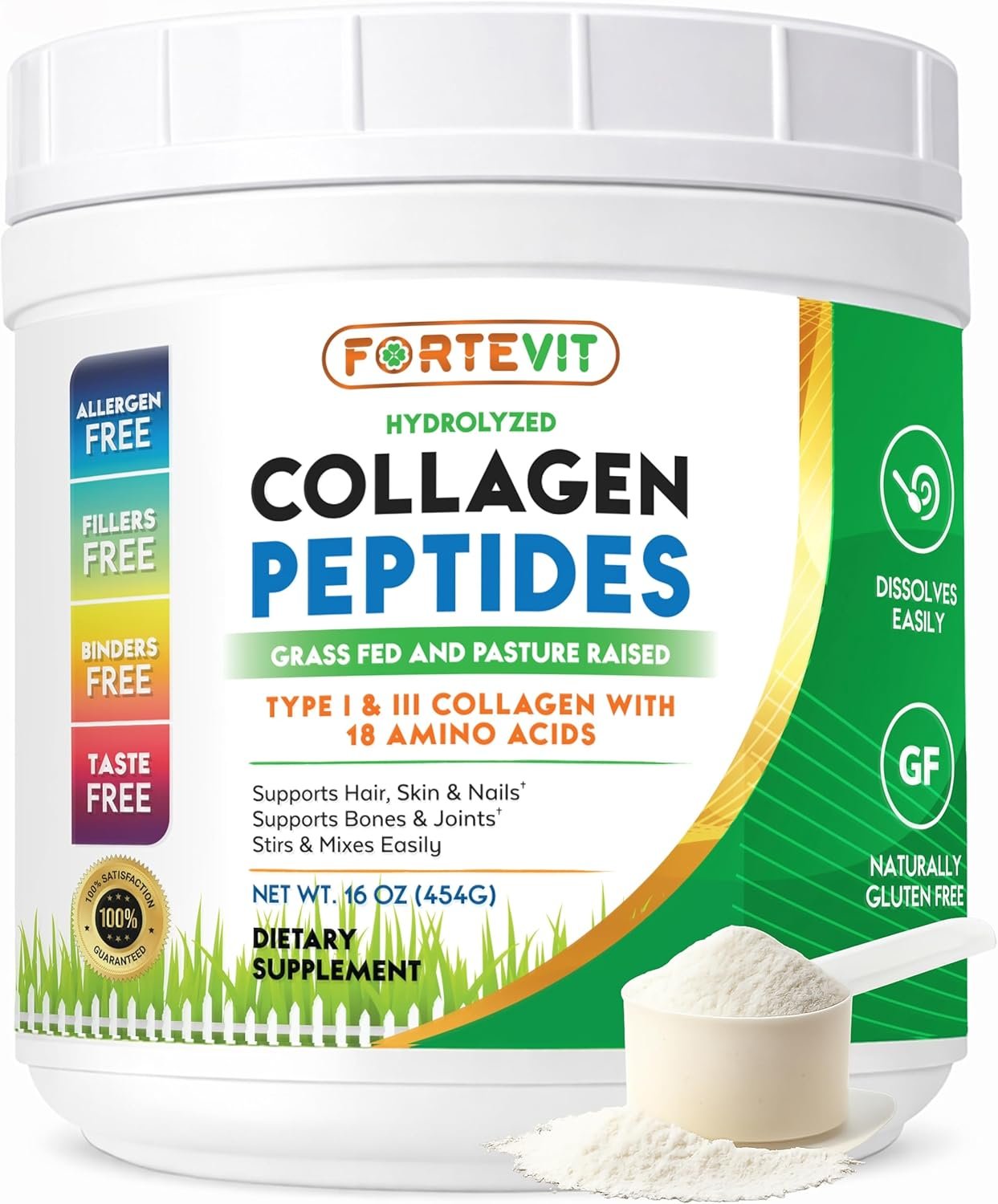 FORTEVIT Collagen Peptides Powder for Women & Men – Hydrolyzed Type I & III, Grass-Fed, Unflavored – Supports Skin Elasticity, Hair, Nails & Joint Health – Gluten-Free, Non-GMO, Keto & Paleo – 16 oz