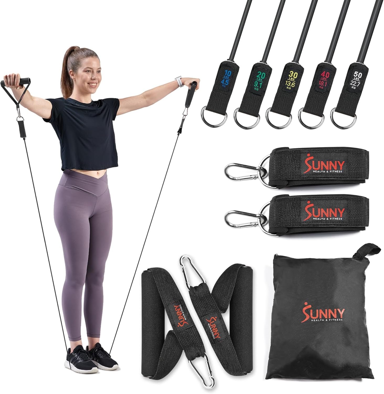 Sunny Health & Fitness Premium Resistance Band Set with Door Anchors, Wrist Straps, Handles Carry Bag Optional Padded Ankle Straps (Pair) for Strength Training, Booty Workout, Lower Body Exercises