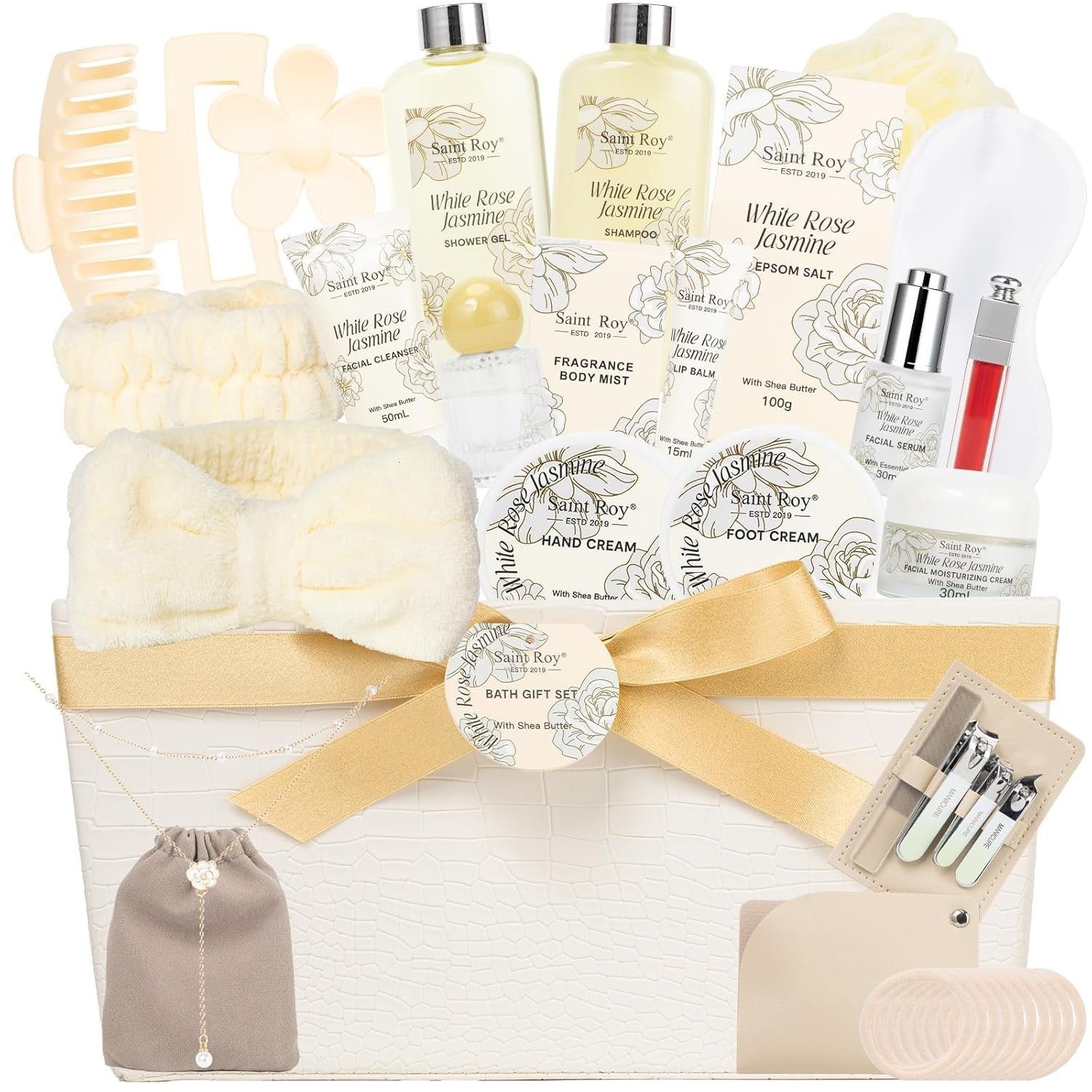 37 Pcs Bath Spa Gifts for Women, Mothers Day Gifts, WHITE ROSE JASMINE Bath & Body Gift Basket, Face Skin Care Kit, Home Spa Gift Set, Self-Care Kit, Necklace, Birthday, Christmas, Anniversary