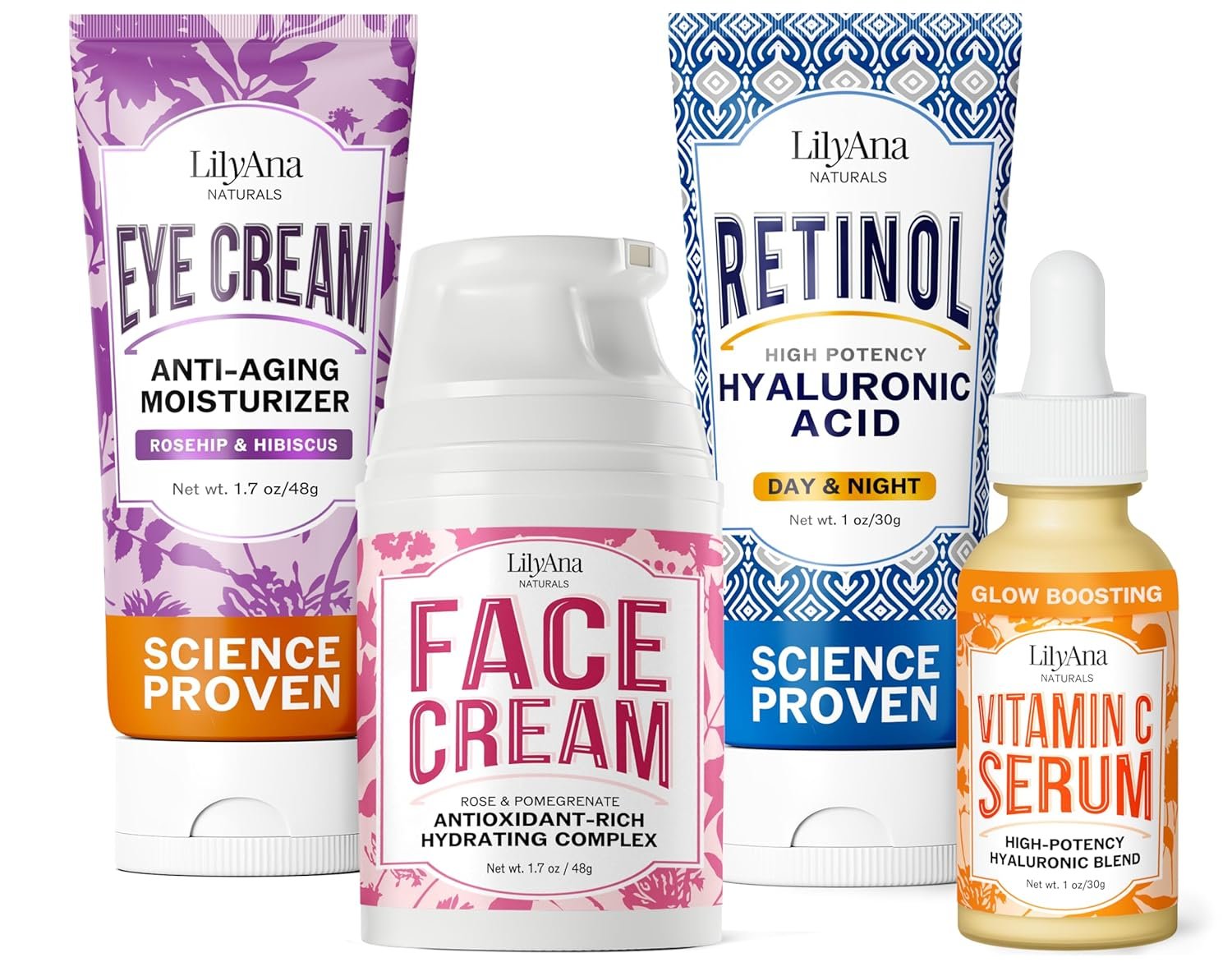 LilyAna Naturals Skincare Gift Set – Retinol Cream, Vitamin C Serum, Eye Cream and Face Cream Moisturizer – Anti Aging Skin Care Sets for Women