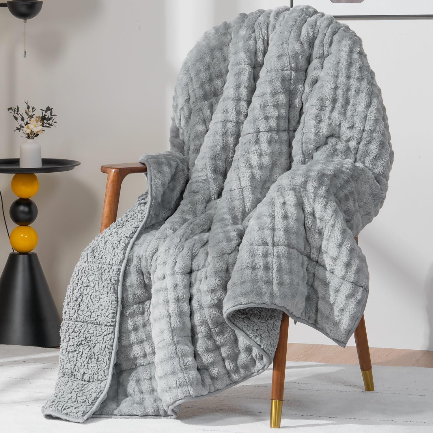 Cottonblue Weighted Blanket for Adults Queen Size 15 lbs, Soft Fuzzy Fleece Sherpa Weighted Throw Blankets 60×80 inches, Warm Cozy Fluffy Bubble GreyWinter Heavy Blanket for Bed Sofa Women Men Present