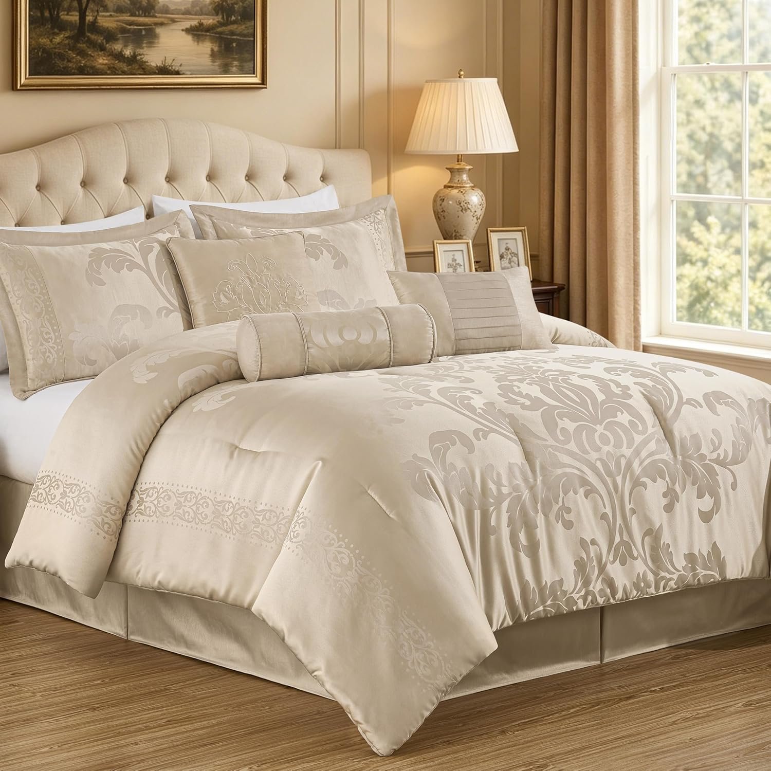 Chezmoi Collection Royale 7-Piece Jacquard Floral Comforter Set, Queen, Champagne